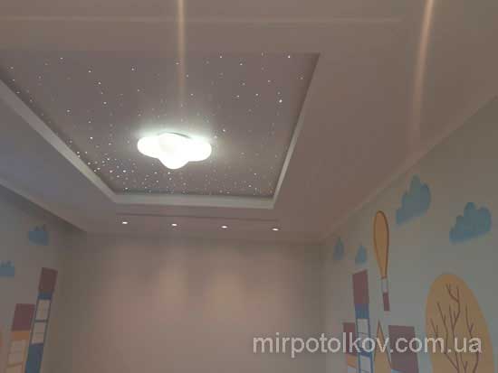 белый матовый натяжной потолок со звездным небом в детской