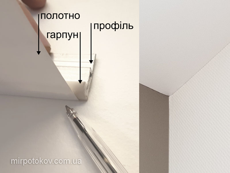 вид у розрізі профіль та гарпун - стик безщілинної стелі зі стіною