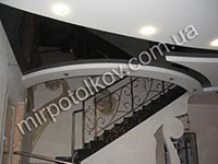 изогнутый черный натяжной потолок в холле с лестницей